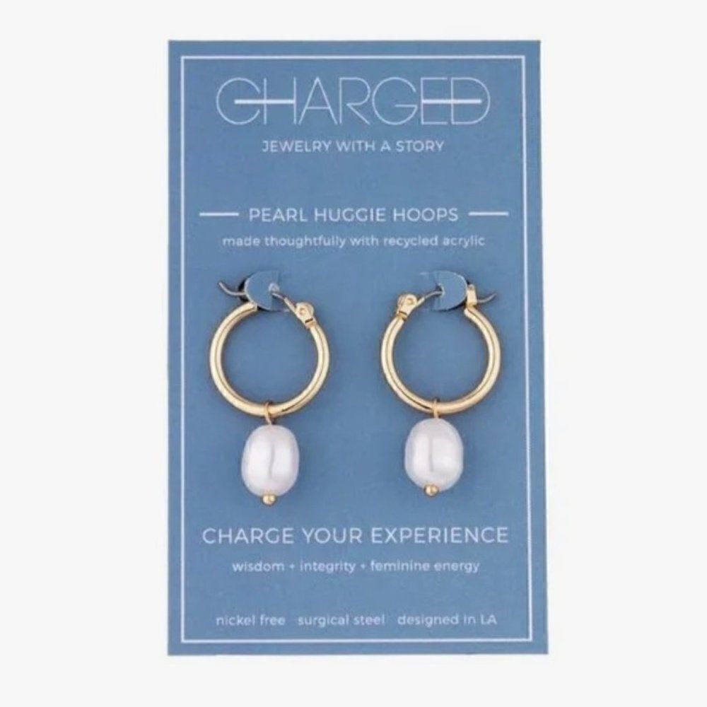 Charged Pearl & Stone Huggie Hoop Bohemian Chic Classic Clean Beauty Earrings